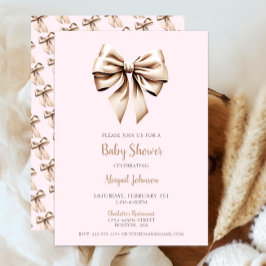 Elegant Pink Beige Coquette Bow Baby Dusche Einladung