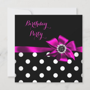 Elegant Pink Black Bow Polka Dots Geburtstagsparty Einladung