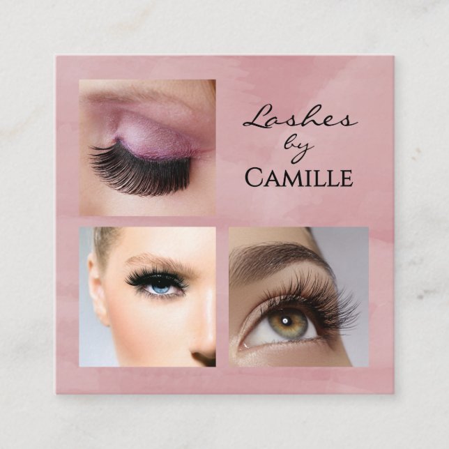 Elegant Pink Black Script 3 Photo Makeup Quadratische Visitenkarte (Vorderseite)