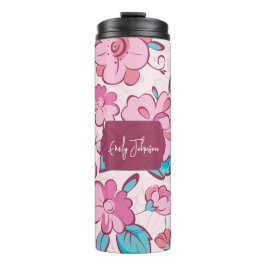Elegant Pink Blossom Custom Name Floral Design Thermosbecher