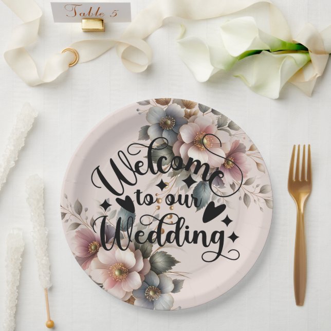 Elegant pink, blue, and cream floral wedding  pappteller (Hochzeit)