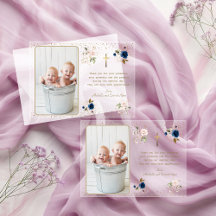 Elegant Pink Blue Gold Floral Twins Foto Taufe