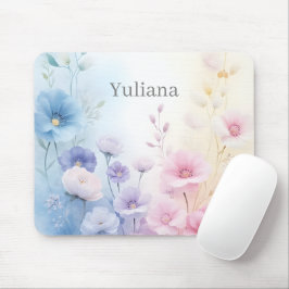 Elegant Pink Blue Pastel Watercolor Floral Design Mousepad