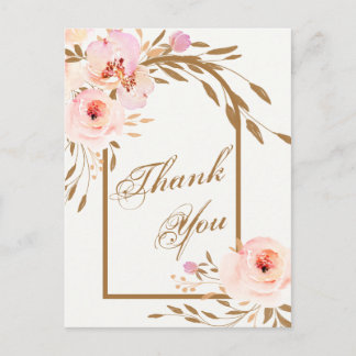 Elegant Pink Blush Floral Wedding Photo Thank You Postkarte