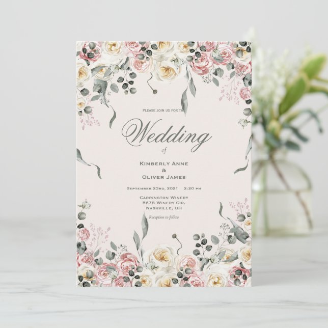 Elegant Pink Blush Ivory Floral Wedding Einladung (Stehend Vorderseite)