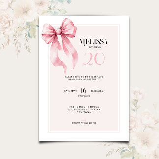 Elegant Pink Bow 20th Birthday Invitation Einladung