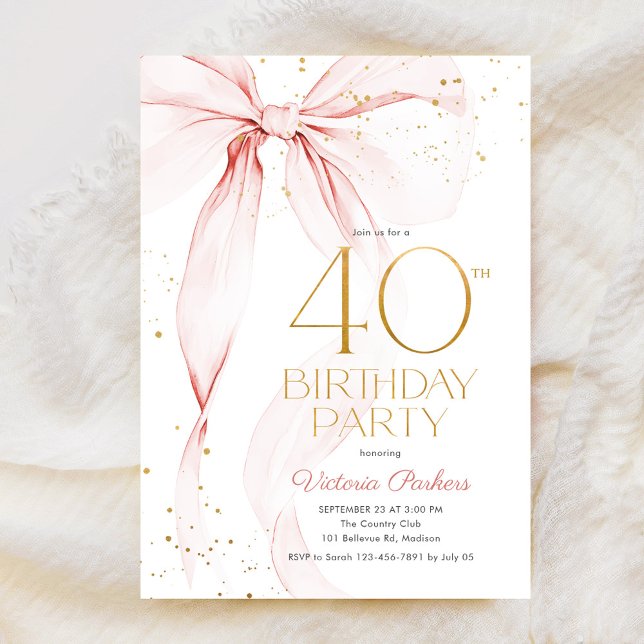 Elegant Pink Bow 40th Birthday Invitation Einladung (Von Creator hochgeladen)