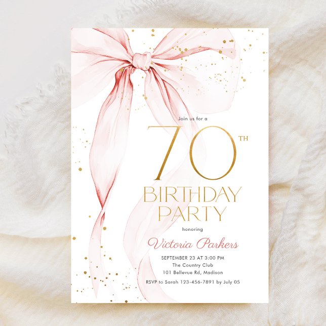 Elegant Pink Bow 70th Birthday Invitation Einladung (Von Creator hochgeladen)