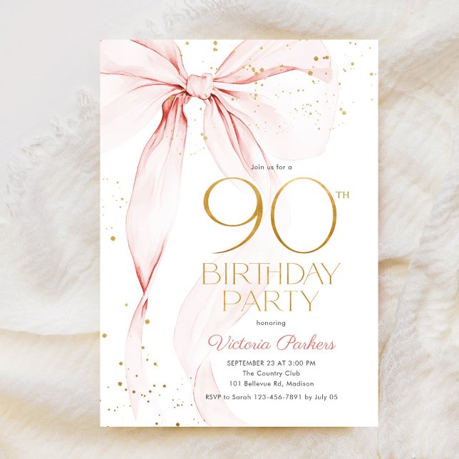 Elegant Pink Bow 90th Birthday Invitation Einladung (Von Creator hochgeladen)