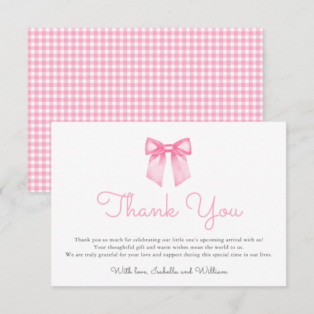Elegant Pink Bow Baby Shower Dankeskarte (Vorne/Hinten)
