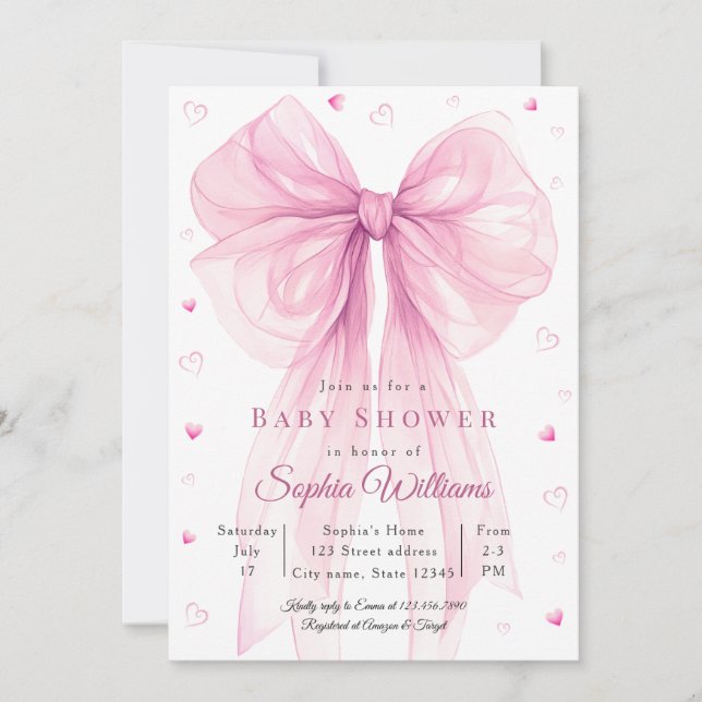 Elegant Pink Bow Baby Shower Invitation Einladung (Vorderseite)