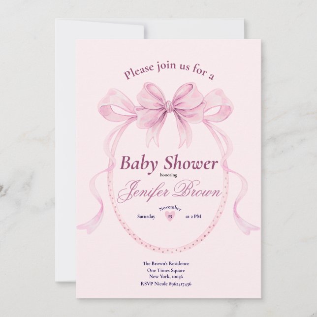 Elegant Pink Bow Baby Shower Invitation for Girl Einladung (Vorderseite)