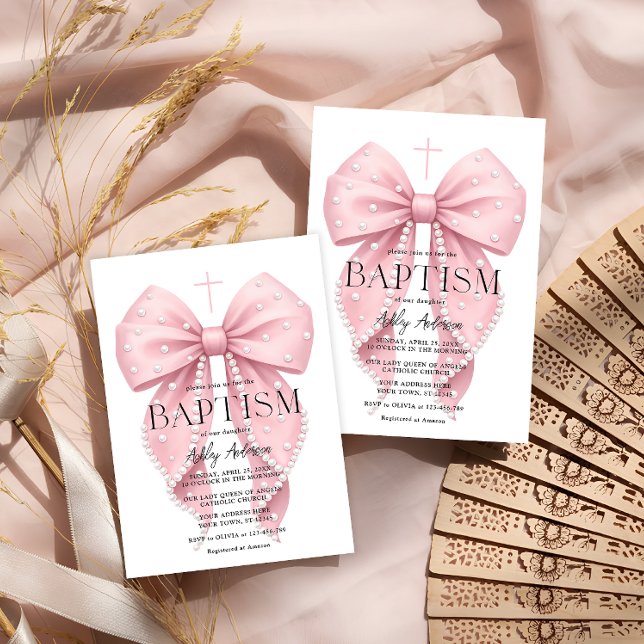 Elegant Pink Bow Baptism Girl Invitation Einladung (Von Creator hochgeladen)