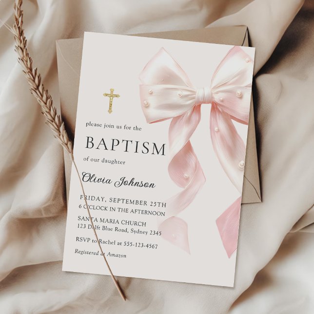 Elegant Pink Bow Baptism Girl Invitation Einladung (Von Creator hochgeladen)