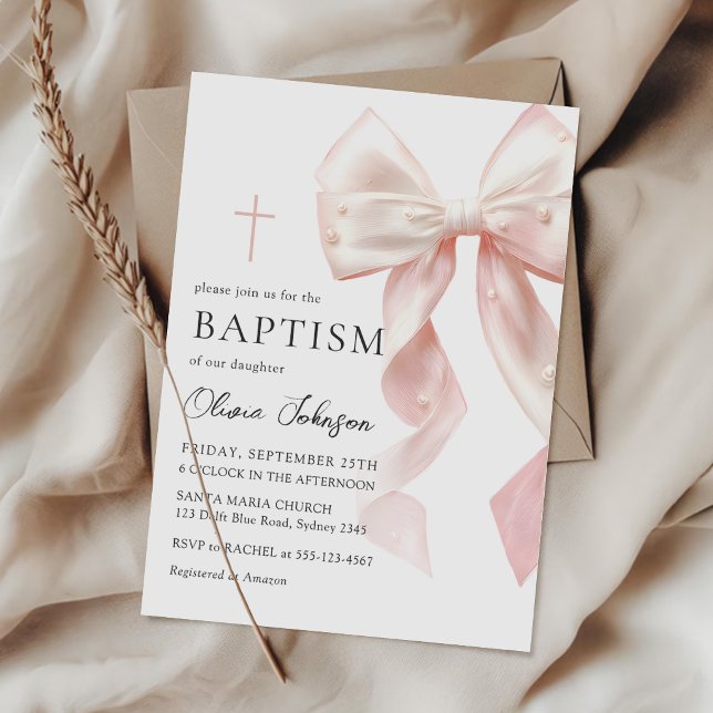 Elegant Pink Bow Baptism Girl Invitation Einladung (Von Creator hochgeladen)