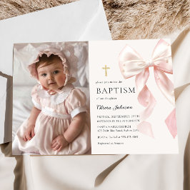 Elegant Pink Bow Baptism Girl Photo Invitation Einladung