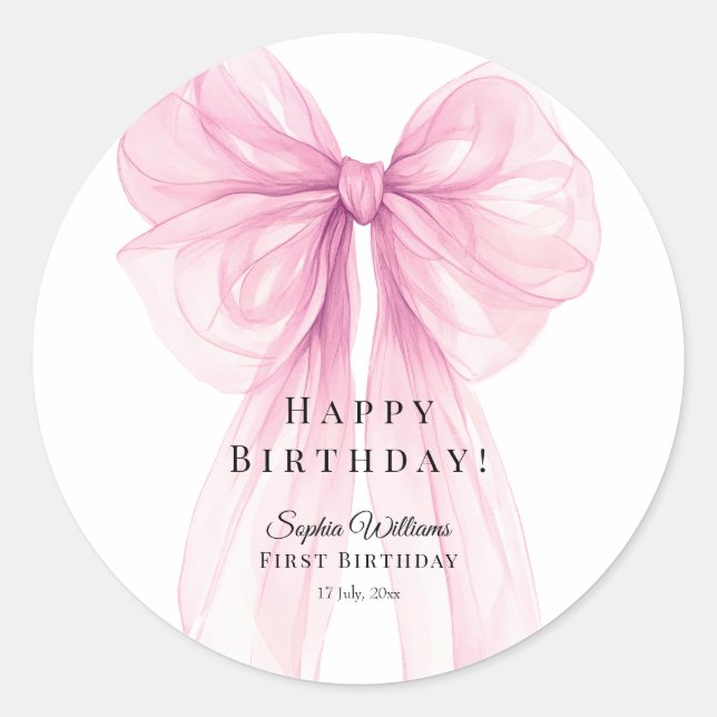 Elegant Pink Bow Birthday Stickers (Vorderseite)