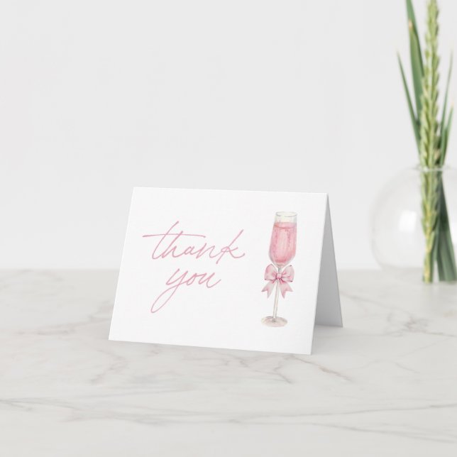 Elegant Pink Bow Champagne Shower Thank You Card Dankeskarte (Vorderseite)