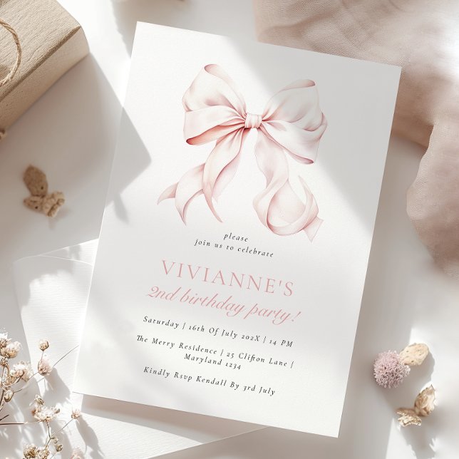 Elegant Pink Bow Girl 2. Geburtstag Einladung (Von Creator hochgeladen)