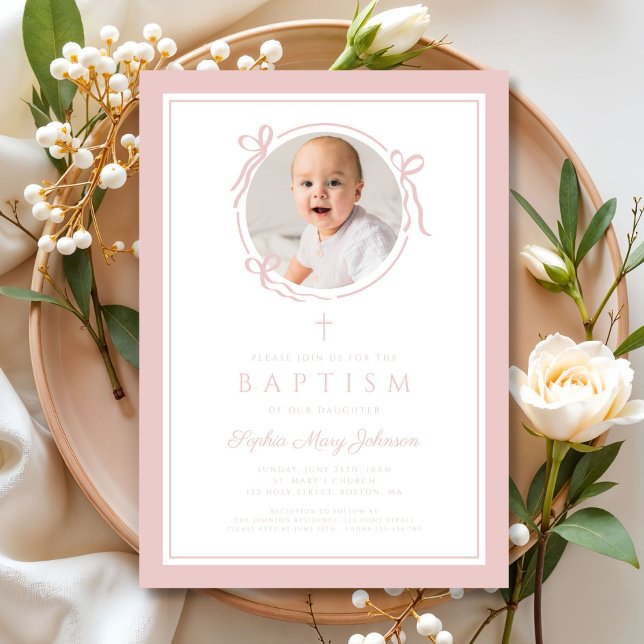 Elegant Pink Bow Girl Photo Baptism Einladung (Elegant Pink Bow Girl Photo Baptism Invitation)