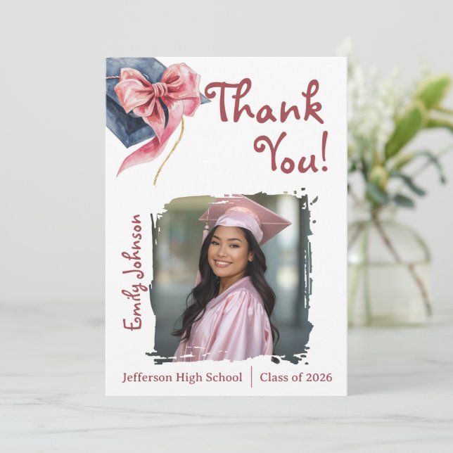 Elegant Pink Bow Graduation Thank You Card  Einladung (Stehend Vorderseite)