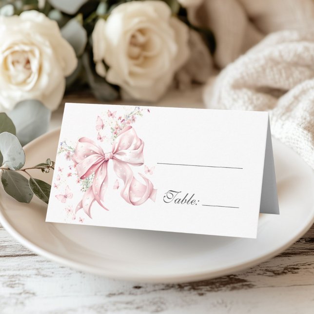 Elegant Pink Bow Pearls Floral Table Platzkarte (Coquette Pink Bow Pearls Floral place card)