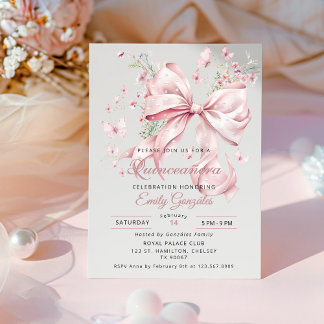 Elegant Pink Bow & Pearls Quinceañera Einladung