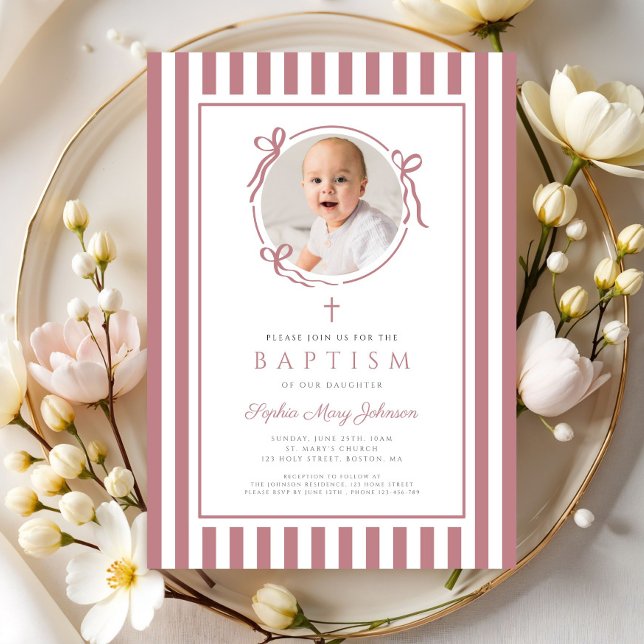 Elegant Pink Bow Photo Girl Baptism Einladung (Elegant Pink Bow Photo Giel Baptism Invitation)