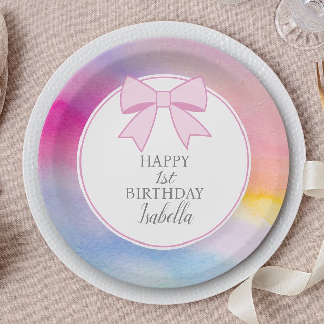 Elegant Pink Bow Rainbow Watercolor First Birthday Pappteller (Von Creator hochgeladen)