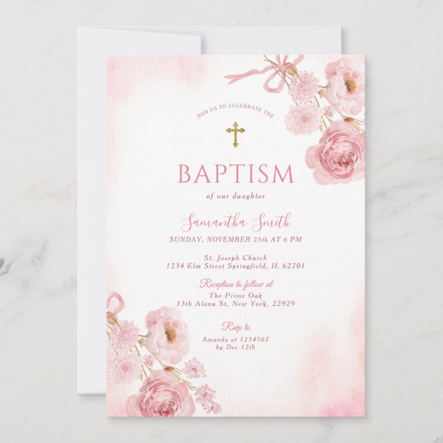 Elegant Pink Bow Rose Floral Cross Girl Baptism Einladung (Vorderseite)