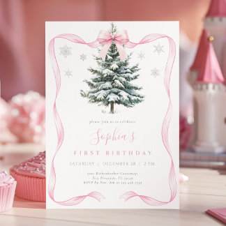 Elegant Pink Bow Winter Onederland First Birthday Einladung