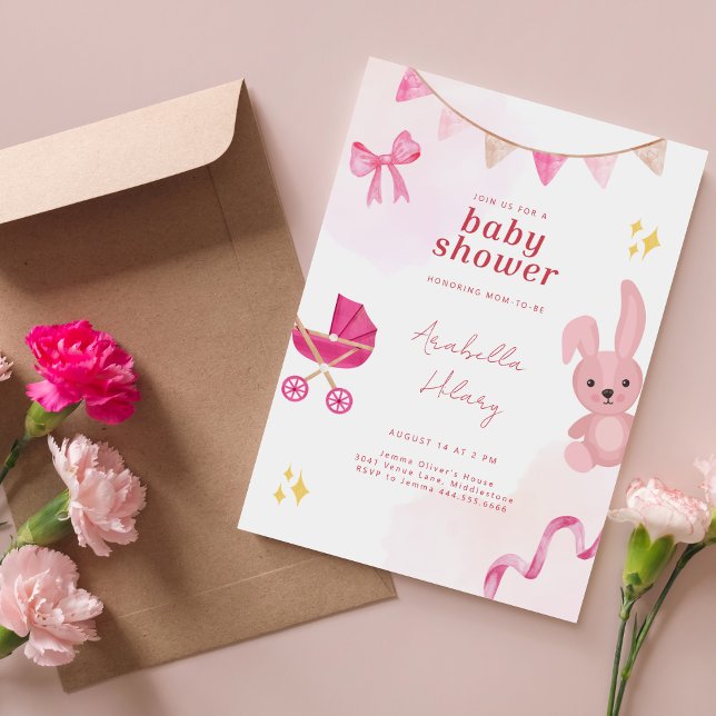 Elegant Pink Bunny Baby Shower Einladung (Von Creator hochgeladen)