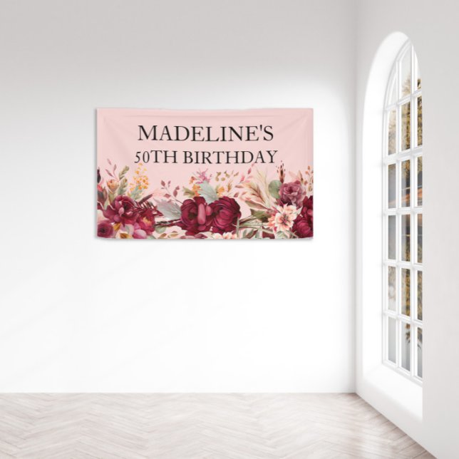 Elegant Pink Burgundy Floral 50. Geburtstag Banner (Von Creator hochgeladen)