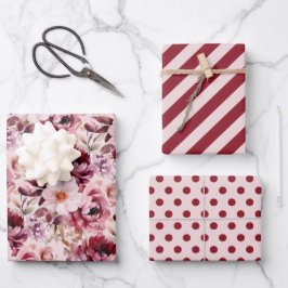Elegant Pink Burgundy Floral Striped Polka Dot Geschenkpapier Set