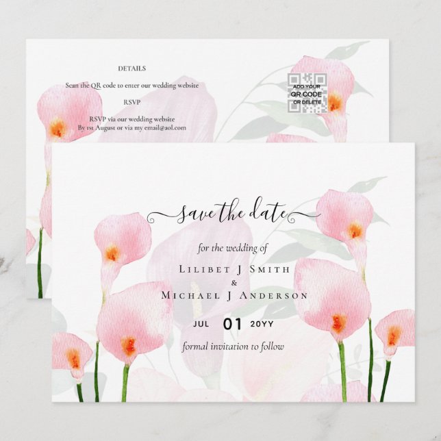 Elegant Pink Calla Lily Wedding Rett Date QR Code Einladung (Vorne/Hinten)
