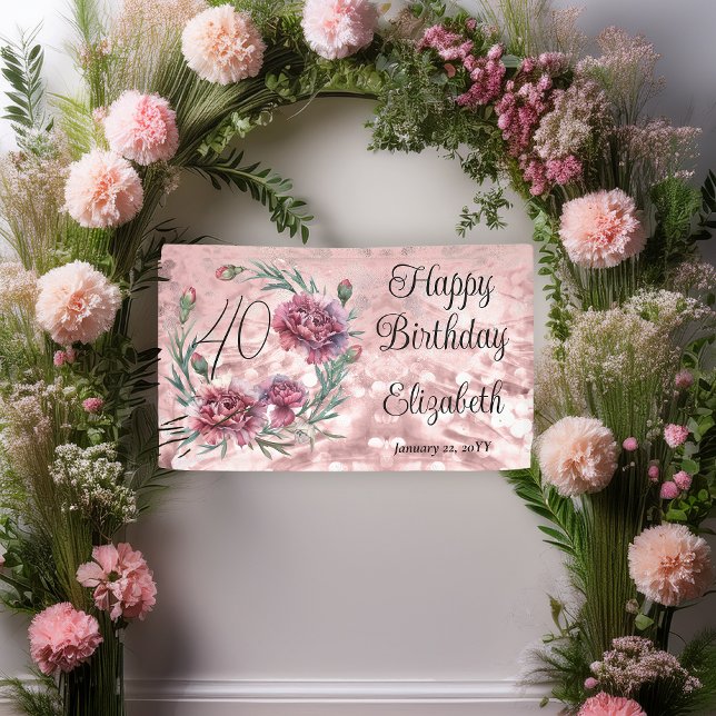 Elegant Pink Carnations 40th Birthday Party  Banner (Elegant Pink and Mauve Carnations 40th Birthday Party 3 ft x 5 ft Banner)