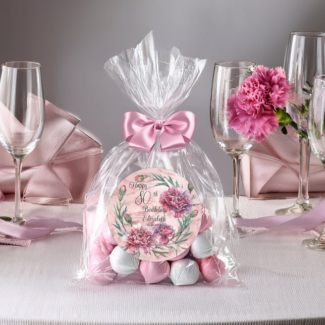 Elegant Pink Carnations 80th Birthday Party  Runder Aufkleber (Elegant Pink Carnations 80th Birthday Party Favor Classic Round Stickers - 2 Sizes)