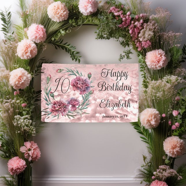 Elegant Pink Carnations 90th Birthday Party  Banner (Elegant Pink and Mauve Carnations 90th Birthday Party 3 ft x 5 ft Banner)