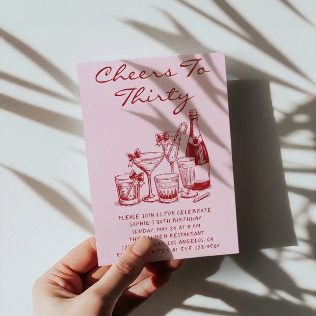 Elegant Pink Cheers to Thirty Cocktail Birthday Einladung (Von Creator hochgeladen)