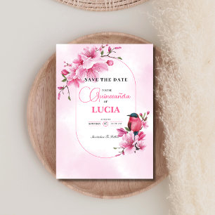Elegant Pink Cherry Blossom Geometric Quinceañera Save The Date