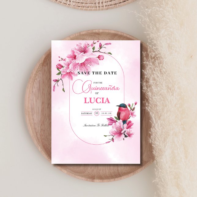 Elegant Pink Cherry Blossom Geometric Quinceañera Save The Date (Von Creator hochgeladen)