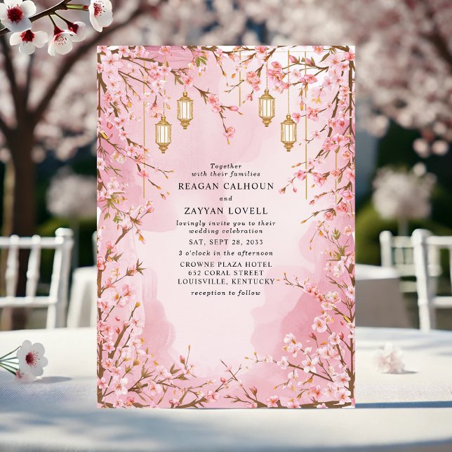 Elegant Pink Cherry Blossom Lantern Wedding Einladung (Von Creator hochgeladen)
