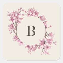 Elegant Pink Cherry Blossom Monogram Wedding Quadratischer Aufkleber