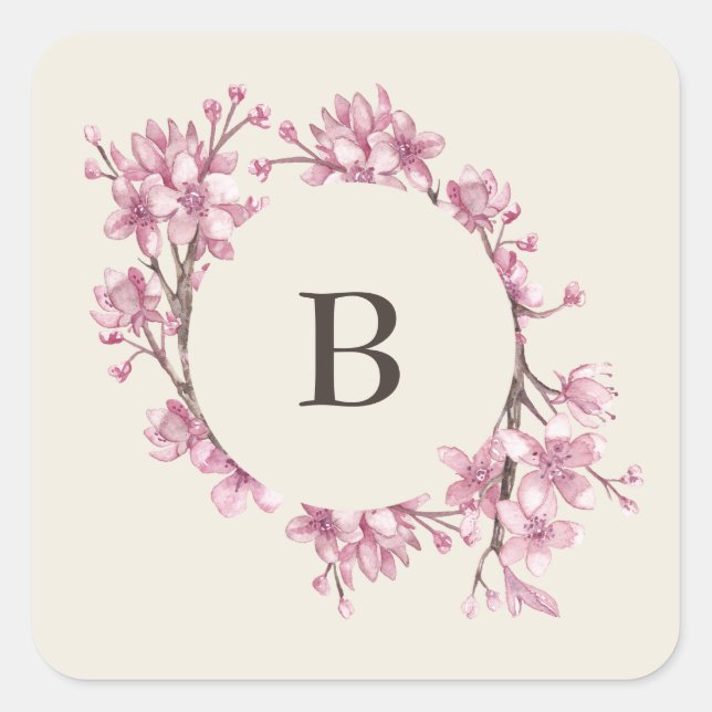 Elegant Pink Cherry Blossom Monogram Wedding Quadratischer Aufkleber (Vorderseite)