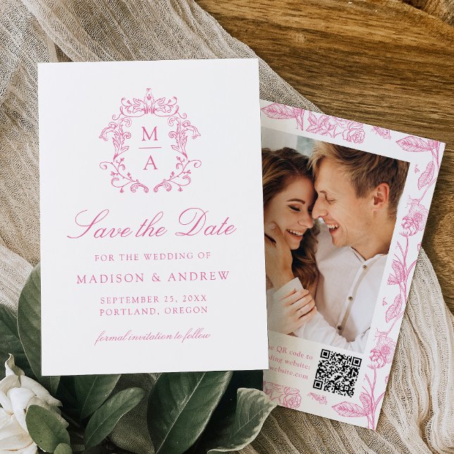 Elegant Pink Chinoiserie Floral QR Code Wedding Save The Date (Von Creator hochgeladen)