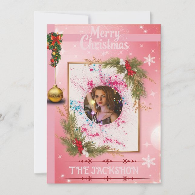 Elegant Pink Christmas Card with Custom FotoFrame Einladung (Vorderseite)