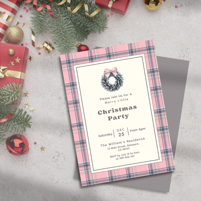 Elegant Pink Coquette Wreath Plaid Christmas Party Einladung (Elegant Pink Coquette Wreath Plaid Christmas Party Invitation)