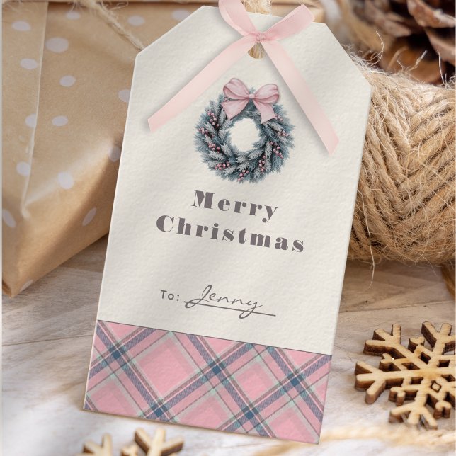 Elegant Pink Coquette Xmas Wreath Preppy Plaid Geschenkanhänger (Elegant Pink Coquette Xmas Wreath Preppy Plaid Gift Tags )