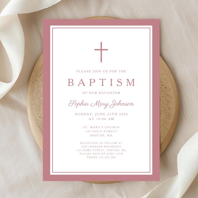 Elegant Pink Cross Baby Girl Baptism Einladung (Elegant Pink Cross Baby Girl Baptism Invitation)