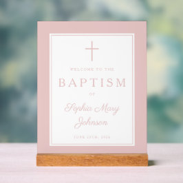 Elegant Pink Cross Girl Baptism Welcome Acrylschild